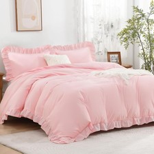 Pink Ruffle Duvet Cover Queen 90x90Inch , 3 Pieces Soft Blush Washed Microfib...