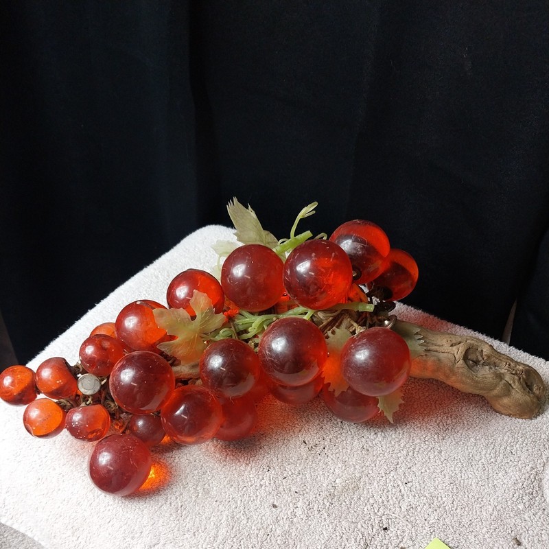 Vintage x Large Grape Cluster MCM Lucite Acrylic Red Org  - Leaves Wood