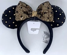 Disney Parks Black Jeweled Studded Gold Minnie Mouse Ears Headband 2021 - NEW