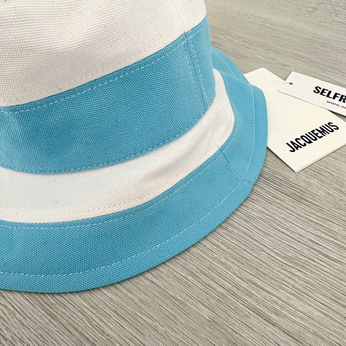 JACQUEMUS Logo Embossed Blue White Stripe Bucket Hat Le Bob