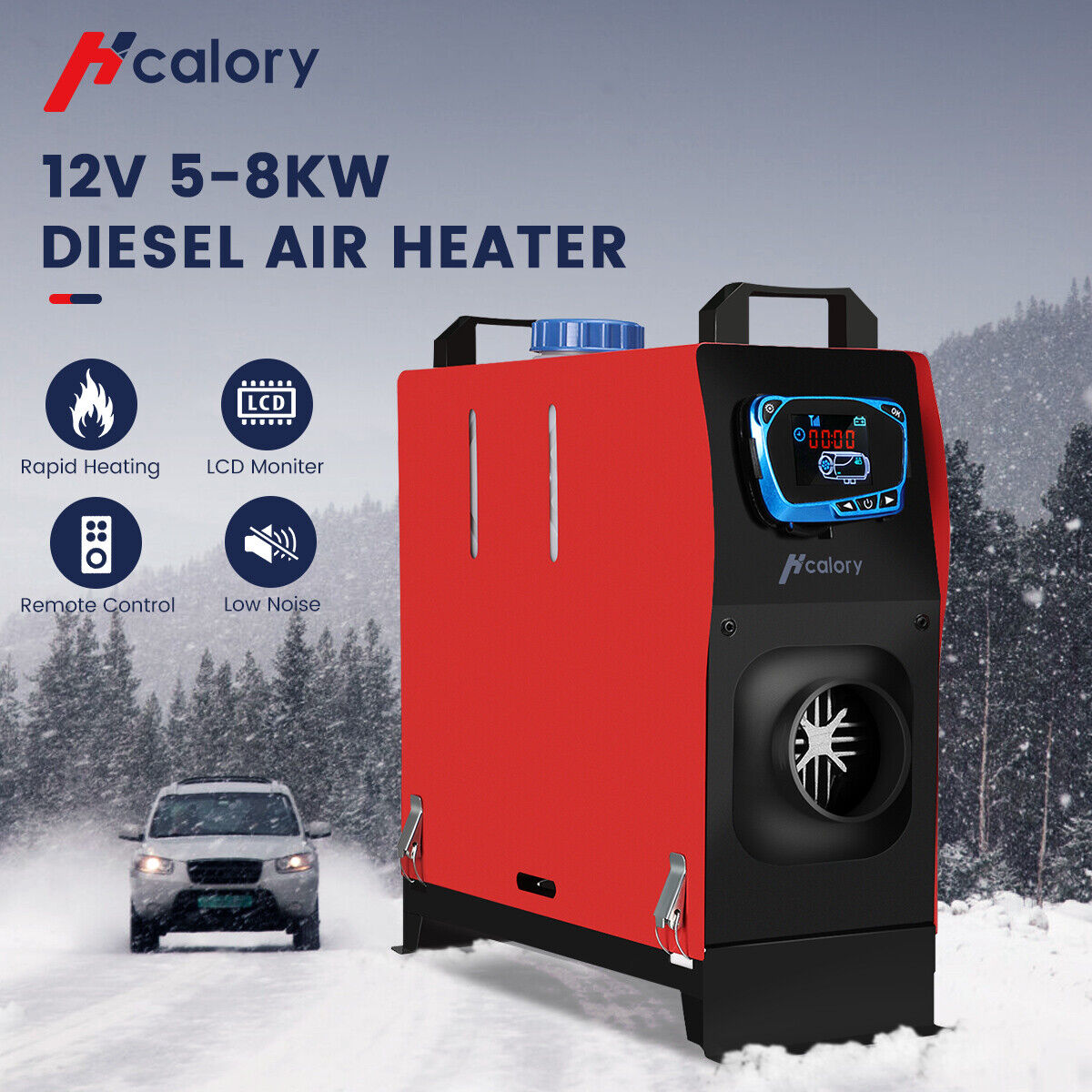 HCALORY Diesel Air Heater, 12V 5KW-8KW All in One Single Hole Adjustable  Parking Heater with Black Digital Switch & Muffler & Remote Control for Car  Trucks Boat Bus RV Trailer and Motorhomes 