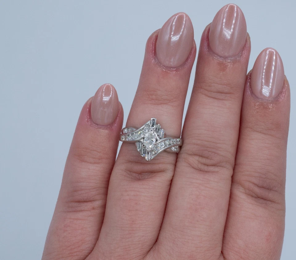 14KT White Gold .99 CTTW Marquise Natural Diamond Bypass Engagement Ring GIA - Image 3 of 4