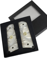 1911 White Pearl Acrylic Full-size Gun Grips with Gold Colt Medallions