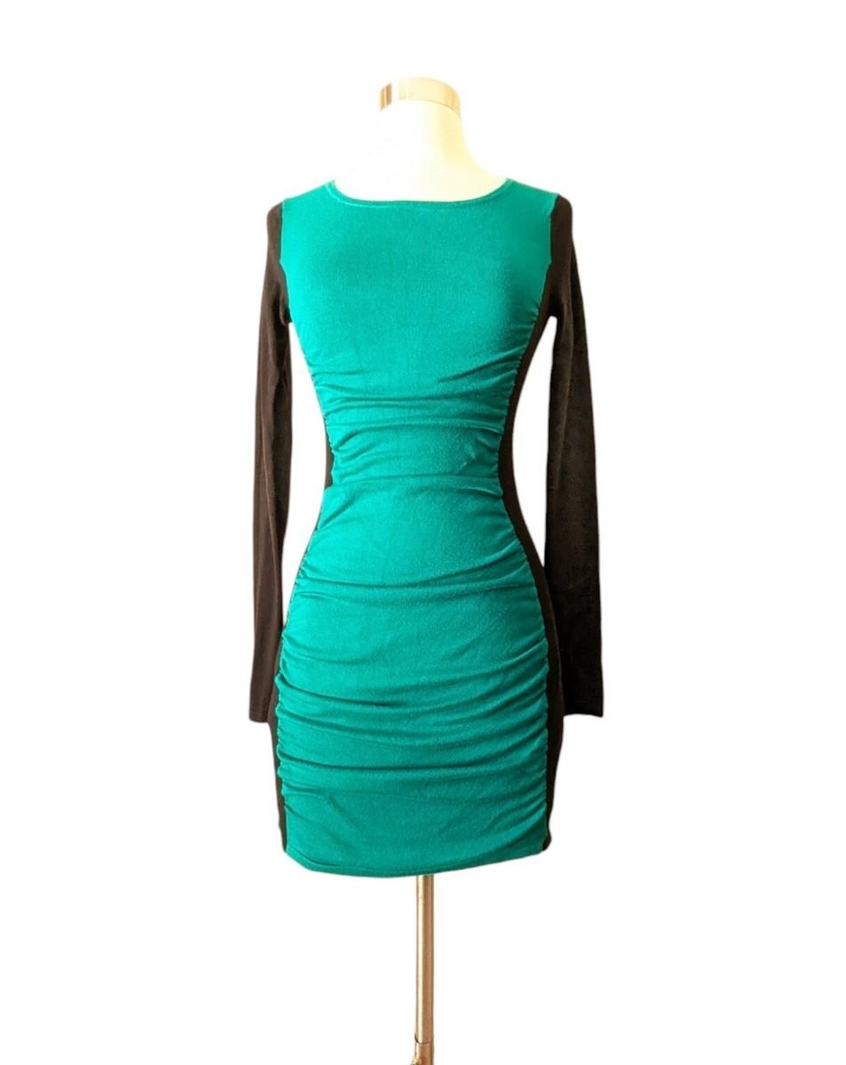 EXPRESS Sweater Dress Green Black Colorblock Ruched Knit Stretch