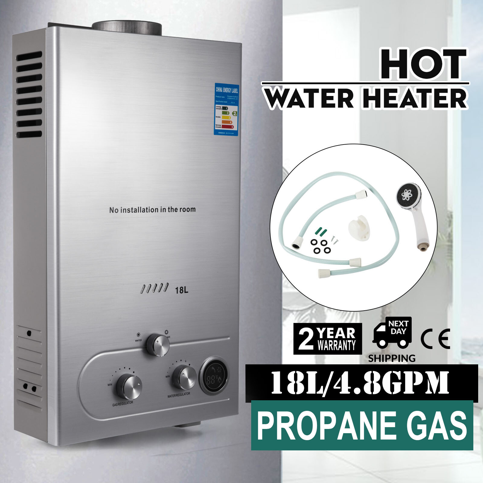 Calentador de agua instantáneo 18L 36kw caldera de gas sin tanque GLP propano kit de ducha