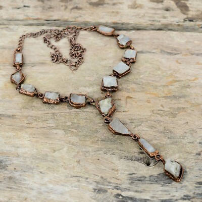 Rainbow Moonstone Rough Copper Electroformed Chain Adjustable Necklace 18.0''