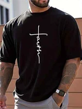 100% Cotton Men's Faith Cross Print Short Sleeve T-Shirt | Breathable Loose Fit