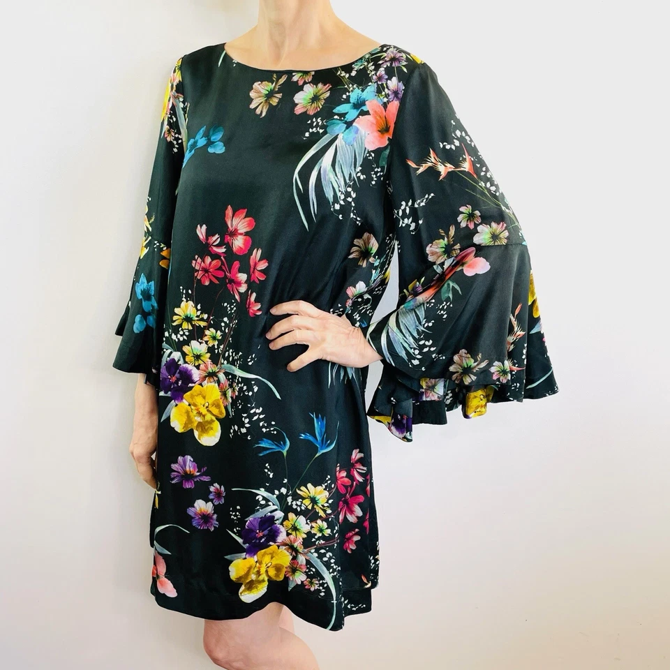 Nolita Size S 8 10 Black Floral Viscose Satin A Line Swing Mini Dress - image 4 of 4