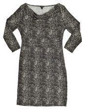 Ann Taylor Size 6 Women Dress Black White Textured Print Cowl Neck 3/4 Sleeve