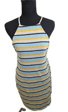 Zara Rustic Halter Neck Mini Dress Blue Yellow Striped Knit Beach Medium