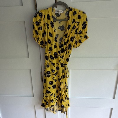 Diane von Furstenberg Women s Size 6 Wrap Dress Yellow Floral Puff Sleeve Knee