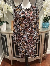 Massini Floral Tie Neck Ruffle Chiffon Knee Length Dress Balloon Sleeve S