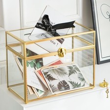 Glass Wedding Card Box with Slot, 10.2 inch Clear Card Box Gold Brass Gift Ca...