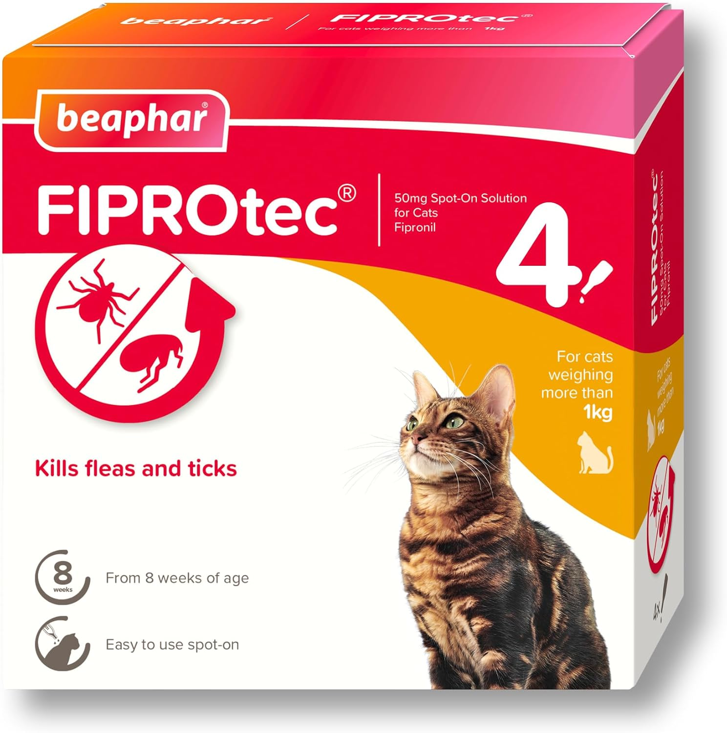 Beaphar - FIPROtec Spot-On Flea & Tick Treatment for Cats - 4 Pipettes