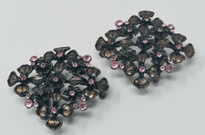 2 Vintage Belt Buckles Floral Cast Metal Pink Rhinestones