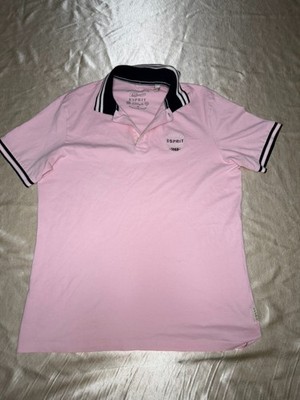 Esprit Pink Piqué Polo Shirt with Striped Collar, Size L Retro Style Preppy