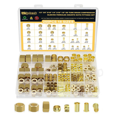 255PCS Brass Compression Ferrules Inserts Nuts for Tube OD 1/2'' to 1/8''