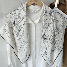 Pure 18 Momme Twill Silk Square Shawl 35'' White line Print Scarf Bandanna Wrap