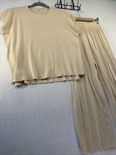 Ladies Lounge Set Sz S Lghtwght Sweater Top Cap Sleeve Ribbed Wide Pants Co Ord