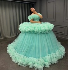 Mint Green Ruffle Tulle Quinceanera Dress Off Shoulder Beaded Tiered Ball Gown