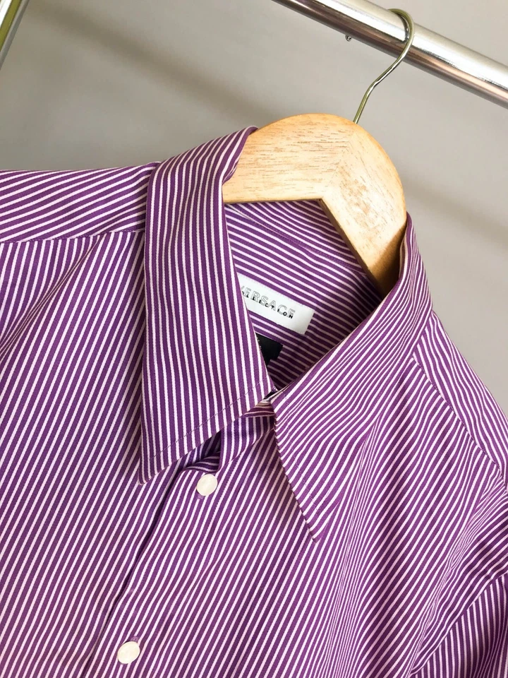 Versace Collection Vintage TG 42 camicia cotone manica lunga viola a righe slim - Immagine 4 di 4