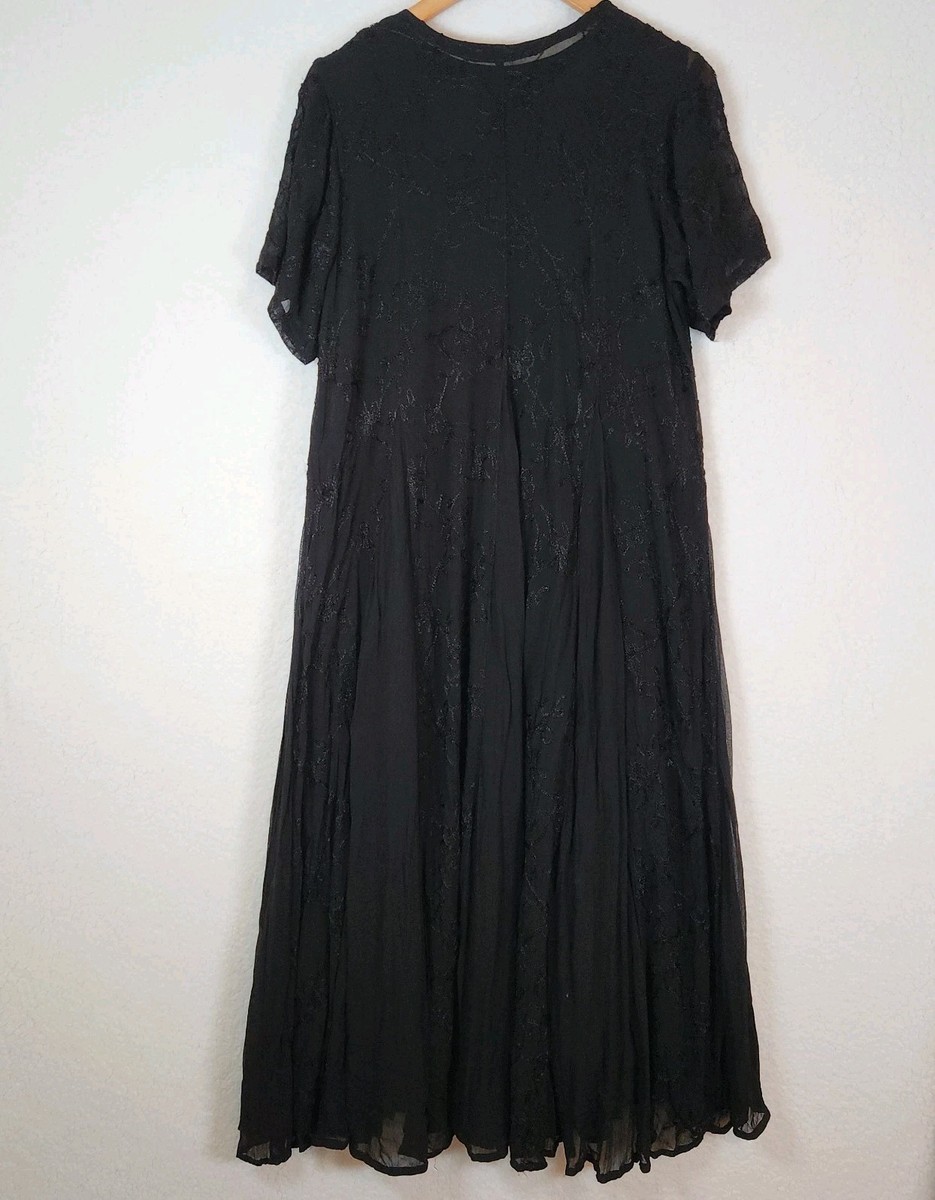 Starina style crinkle midi dress crinkle embroidered goth black 90s Look sz  M | eBay