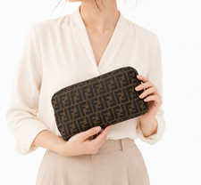 Fendi Pouch Canvas Zucca Leather FF Zip Cosmetics Authentic