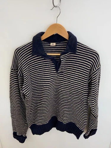 45rpm Collared Border Sweater, Size 3, Wool, Navy, Border