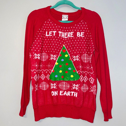 EUC Well Worn Let There Be Peace Pizza On Earth Christmas Sweater Women's Large