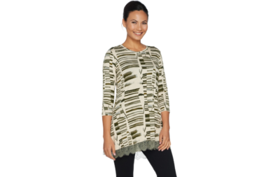 LOGO by Lori Goldstein Printed Top with Lace Hem Artichoke Size M