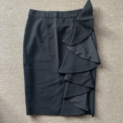 MOSCHINO COUTURE Y2K BLACK CREPE PENCIL SKIRT WITH SILK RUFFLE DETAIL IT 40 Uk 8