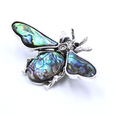 Tibetan Silver Carved Abalone Shell Eagle Bee Pendant Bead Brooch 60x36mm
