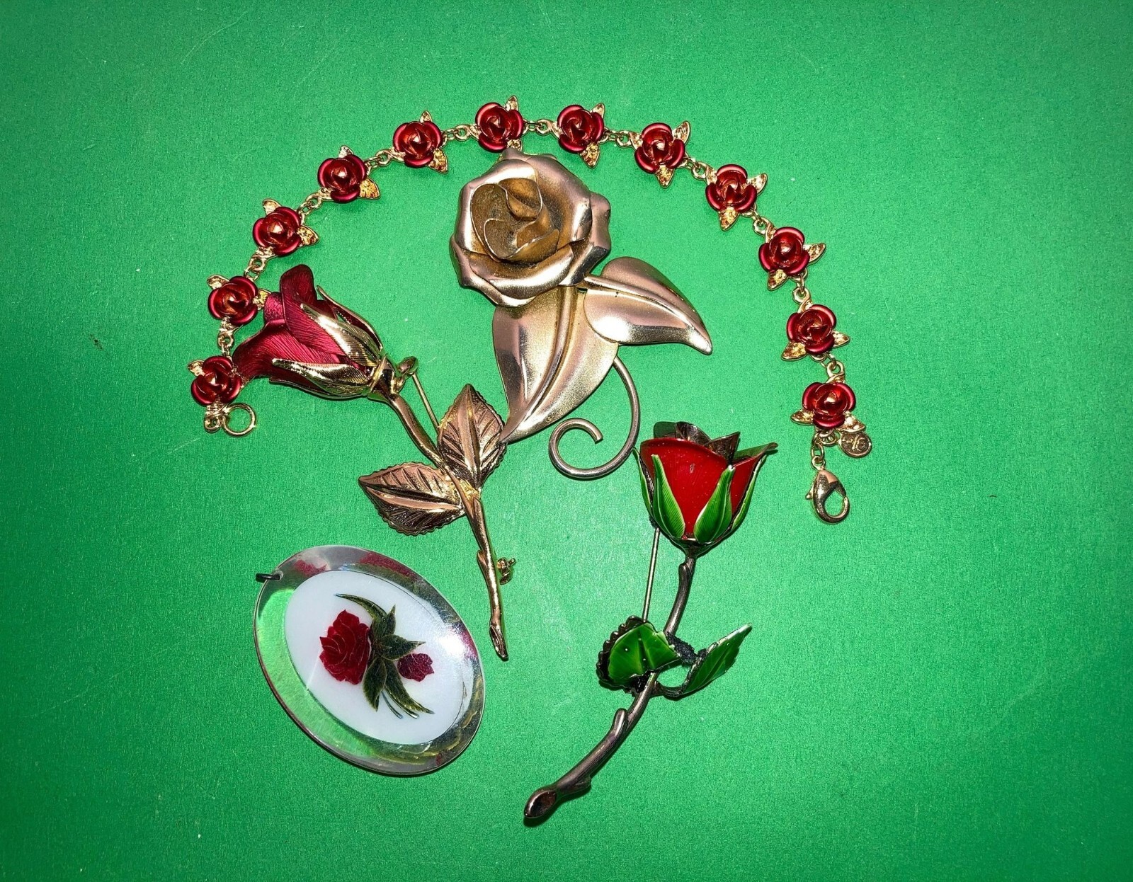 5 pc Vintage Rose Jewelry Lot, Gold Red Rose Bud … - image 1