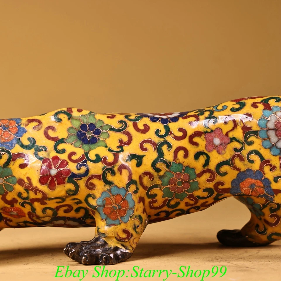 Antigua estatua animal bestia leopardo Fengshui esmalte cloisonne bronce dinastía China Foto 3 de 4