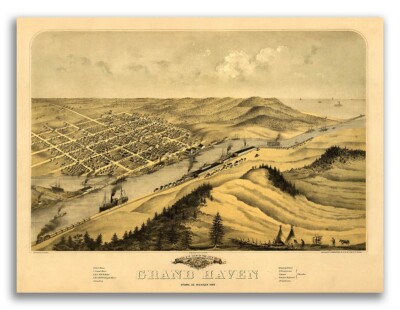 1868 Grand Haven Michigan Vintage Old Panoramic City Map - 20x28
