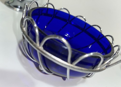 Vintage Cobalt Blue Glass Metal Framed Condiments Sets, Bowls And Jug - Picture 14 of 20