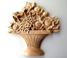 10" X 10" X 1", Hand Carved Red Oak Wood Flower Basket Onlay Applique Corbel
