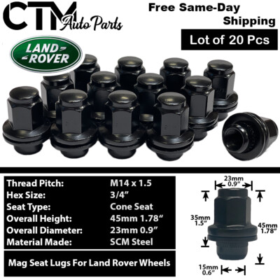 20x Black Mag 14x1.5 Lug Nut Range Rover LR2/3/4 Discovery Defender Stock Wheel