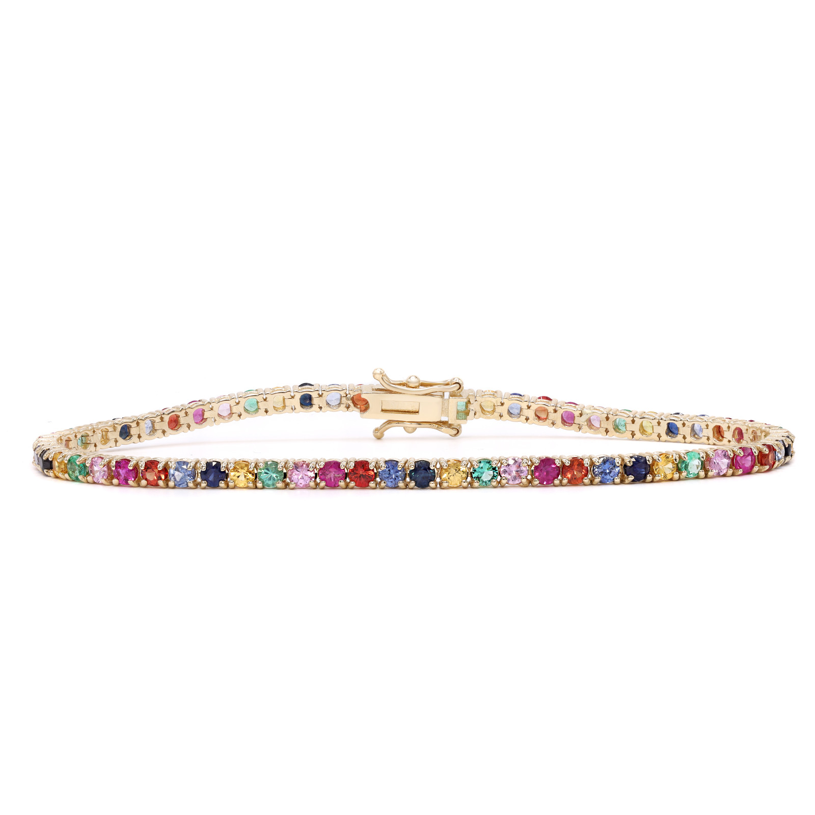 An image depicting Natural Sapphire Rainbow Tennis Bracelet 14K Yellow Gold 4.41Cttw 7 Inches