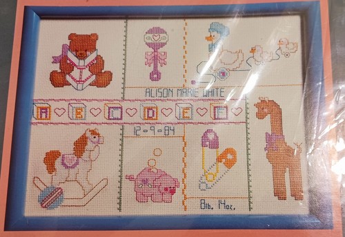 Vtg Cross Stitch Kit Baby Sampler Birth Record T2013 Traditions 1985 Bear Rattle - Picture 2 of 17