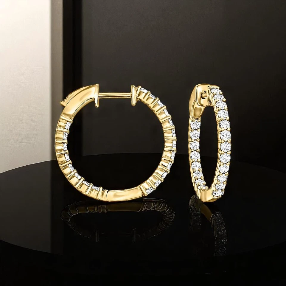 Women Hoop Earring 18k Yellow Gold Lab Grown 1.00 Ct Round  0.75 inches Diamond - Image 2 of 4