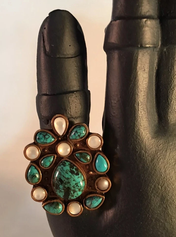 COLLEEN LOPEZ DESIGN BY CL TURQUOISE AND MOTHER OF PEARL BRONZE RING~ 10 - Image 3 of 4