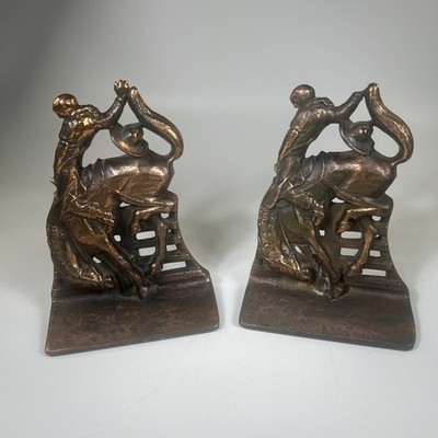 Vintage OFW Cast Iron Copper Cowboy Bucking Bronco Pair READ