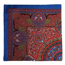 Red  Blue Geometric Floral Ancient Madder Silk Pocket Square Hand-Rolled 