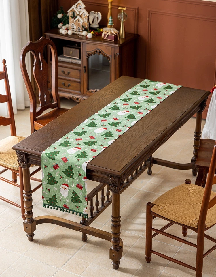 Christmas Vibe Santa Patchwork Table Runner Coffee Dining Table Decor Pom-pom - Image 2 of 4