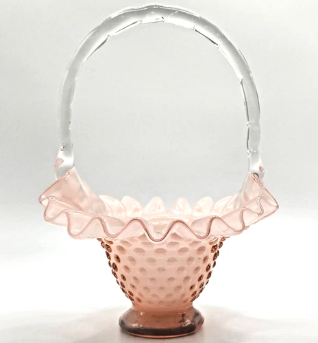 Vintage Fenton Pink Hobnail Glass Basket Ruffled Edge Clear Handle AS IS READ
