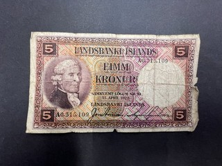 Seltene Island 5 Krónur Vintage Banknote (1) LOT: 0111 029