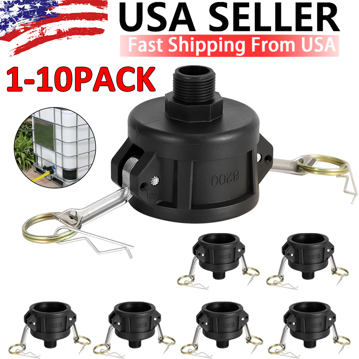 275-330 Gal IBC Tote Water Tank Drain Adapter 2in Cam Lock to 3/4in Garden Hose Fitting