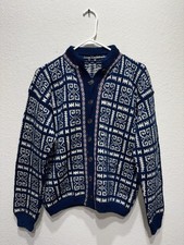 Vintage Nordic Handmade Wool Sweater Cardigan Blue Pattern Medium