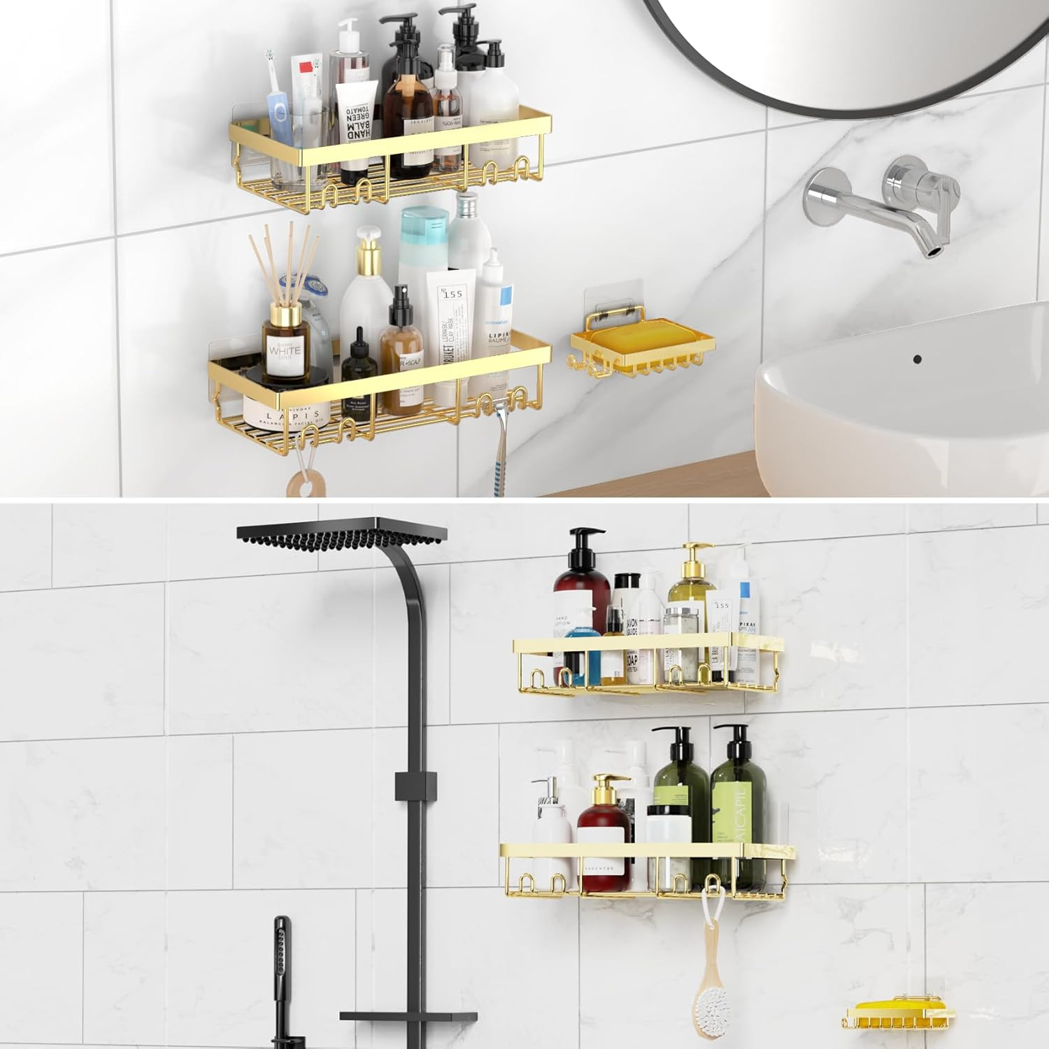 3-Pack Shower Caddy Basket Shelf with Soap Holder, No Drilling Traceless Adhesiv